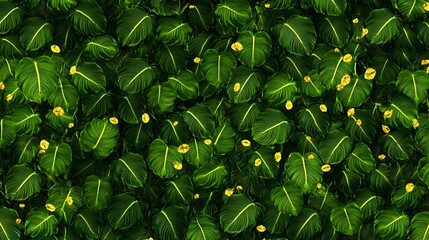 Wall Mural - lush green foliage with small yellow flowers, forming a dense, textured background.