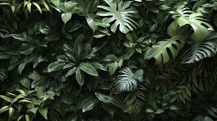 Wall Mural - lush green tropical foliage wall, dense variety of leaves and plants.