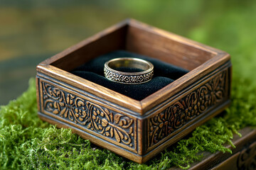 Wall Mural - Ornate wooden ring box with gold band on dark velvet.