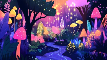 Wall Mural - Magical glowing forest path with vibrant mushrooms and plants, illuminated by fairy lights at night.