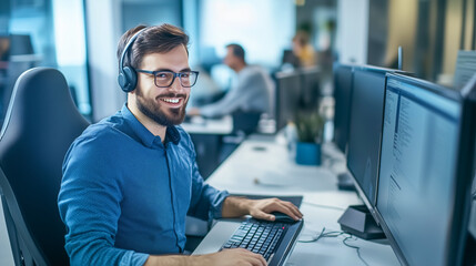 a cheerful developer wearing a headset works in a modern office environment, surrounded by computers