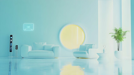 Wall Mural - Minimalist light blue living room interior with modern furniture, plant, and circular mirror.