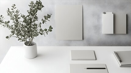 Wall Mural - Minimalist workspace with stationery, plant, and blank mockups on a white desk against a textured wall.