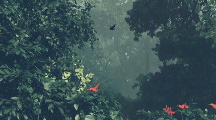 Wall Mural - misty forest scene with birds and vibrant flowers.