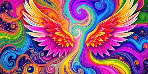 Wall Mural - Colorful swirling patterns of wings in vibrant hues overlaid with intricate swirls and lines, forming an abstract and mesmerizing background, intricate, flutter