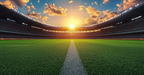 vibrant soccer stadium at sunset with dramatic lighting effects lush green field perspective