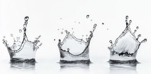 Three water droplets splashing in a row creating crown like shapes.