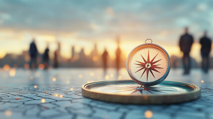 team leadership : a compass rests on a map at sunrise, with silhouetted people in the background, ev