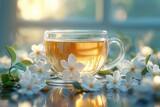 tea cup with jasmine flowers and green tea leaves in soft natural light