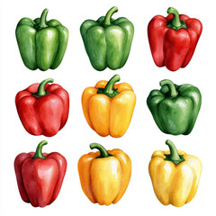 Wall Mural - watercolor colorful bell peppers in green, red, and yellow arranged in grid pattern create vibrant and fresh display. Perfect for culinary themes and healthy eating.