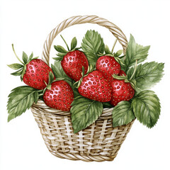 Wall Mural - Freshly picked strawberries in woven basket with green leaves create vibrant and inviting scene. This delightful arrangement captures essence of summer and nature bounty