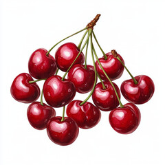 Wall Mural - Freshly picked cherries with vibrant red color and green stems, showcasing their natural shine and freshness. Perfect for summer recipes and desserts