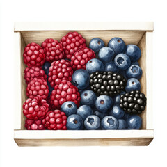 Wall Mural - crate of assorted berries including raspberries, blueberries, and blackberries, showcasing vibrant colors and fresh textures. Perfect for summer recipes and healthy snacks