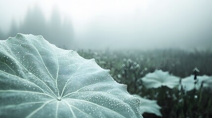 close-up of large, dewy leaves with a soft forest landscape blended into them, showing the balance between the natural world and the intricate details of plant life. [Large leaves]:[Details] 