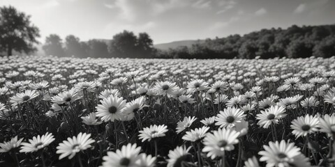 a beautiful black and white photograph of a chrysanthemum field on a sunny day, landscape, chrysanth