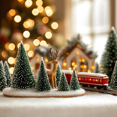 Wall Mural - Winter wonderland display with miniature train, snowy trees, and festive decorations capturing the essence of holiday spirit indoors