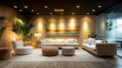 Poster - This cozy living room showcases a modern design with white couches, a round table, and lush plants, creating a serene and inviting space illuminated by soft lighting.