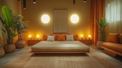 Aufkleber - This cozy relaxation area features a low, wide bed surrounded by warm-colored decor, ambient lighting, and greenery, creating a serene atmosphere.