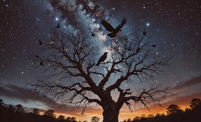 Wall Mural - Tree with a group of birds perched on its branches. The sky is dark, and the stars are visible in the background. The birds are flying around the tree, creating a sense of movement