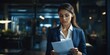 © ORG - Business woman in corporate office setting, holding a clipboard and reviewing documents with a focused expression