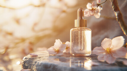 Wall Mural - close up shot of translucent serum bottle surrounded by delicate cherry blossoms, capturing serene and elegant atmosphere. soft light enhances beauty of scene