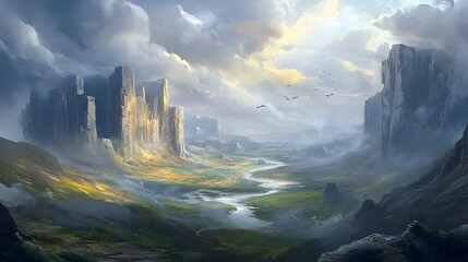 Wall Mural - Serene landscape painting of a valley between majestic rock formations, a winding river, and a cloudy sky with birds.