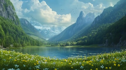 Poster - Serene mountain lake surrounded by lush greenery and wildflowers under a bright blue sky.