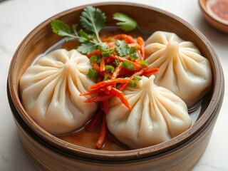 Wall Mural - Delicious and steaming hot Chinese dumplings served in a rustic wooden bowl, Asian cuisine, tasty