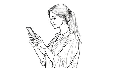 One-line drawing style a woman holding a smartphone in her hand and looking at it