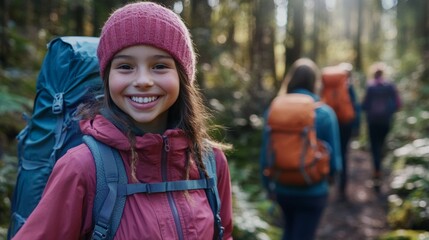 Wall Mural - young girl guides diverse hikers along a forest trail filled with excitement and smiles under bright