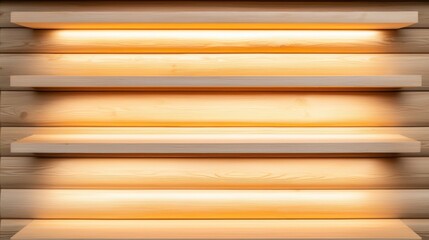  Winter heating and heater cozy, A set of wooden shelves illuminated by warm, soft lighting, creating a cozy and inviting atmosphere.