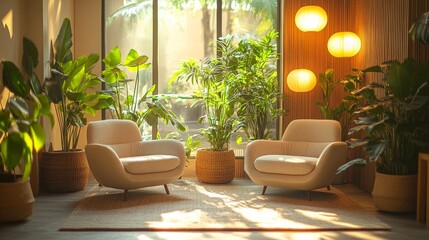 Leinwandbilder - A bright and inviting seating area features two stylish armchairs surrounded by vibrant greenery and soft lighting. Natural light enhances the calming atmosphere.