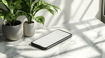 Wall Mural - smartphone with blank screen rests on marble surface near potted plants, sunlit.