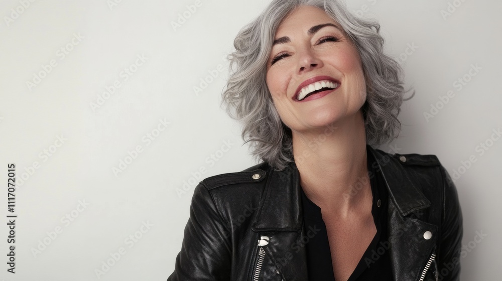 photograph of Joyful mature woman with short wavy gray hair smiling ...