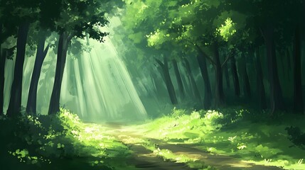 Wall Mural - sunbeams illuminate a path through a lush green forest.