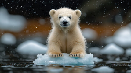 polar bear cub sits on small ice floe, surrounded by water and snowflakes, evoking sense of innocence and vulnerability in its natural habitat