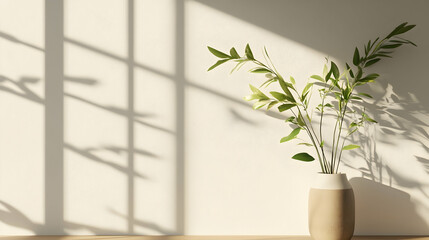 Wall Mural - sunlight streams through a window, casting shadows on a wall with a vase of green plants.