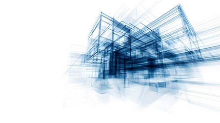 Fototapete - abstract architectural design featuring blue wireframe structures on a white background, conveying a