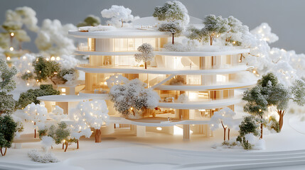 Fototapete - A detailed architectural model of a modern, multi-level building surrounded by miniature trees and snowy terrain, showcasing innovative design elements