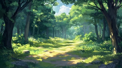 Wall Mural - sunlit path through a lush, green forest.