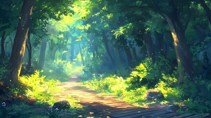 Wall Mural - sunlit path through lush green forest, dappled light, trees, plants, vibrant foliage.