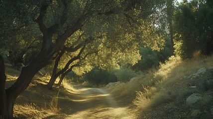 Wall Mural - Sunlit path winding through a grove of olive trees on a hillside.