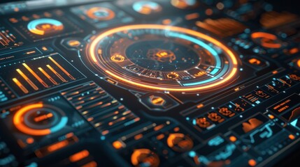 Futuristic digital interface with glowing orange and blue elements, graphs, and charts.