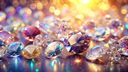 Wall Mural - Close up of glistening diamonds and precious gemstones against a soft light background, diamonds, precious gems