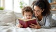 © SarahEvansDesignCo - Biracial mother and son reading a book snuggled on the couch at storytime bedtime learning playing stay at home mom healthy relationship and love