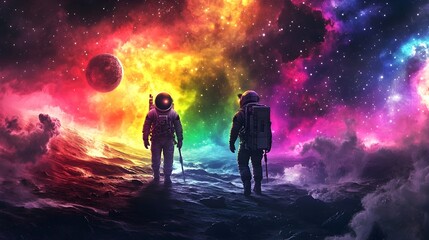 Wall Mural - two astronauts explore a vibrant, alien planet with a colorful nebula in the background.