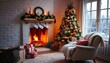 © Ifra - A cozy room decorated for Christmas featuring a warm fireplace with stockings hanging colorful wrapped gifts under a fireplace