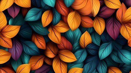 Wall Mural - vibrant autumn leaves in teal, orange, and purple hues create a rich, textured background.