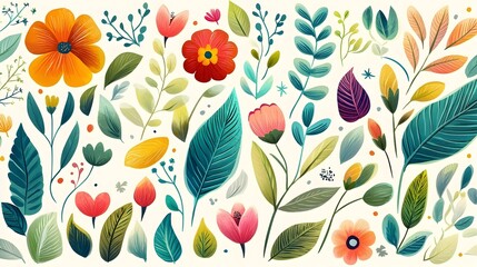 Wall Mural - vibrant floral collection with various flowers, leaves, and stems, ideal for design projects.