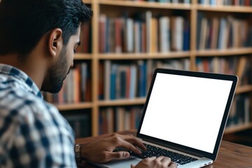 Young Indian man typing on a laptop surrounded by bookshelves.